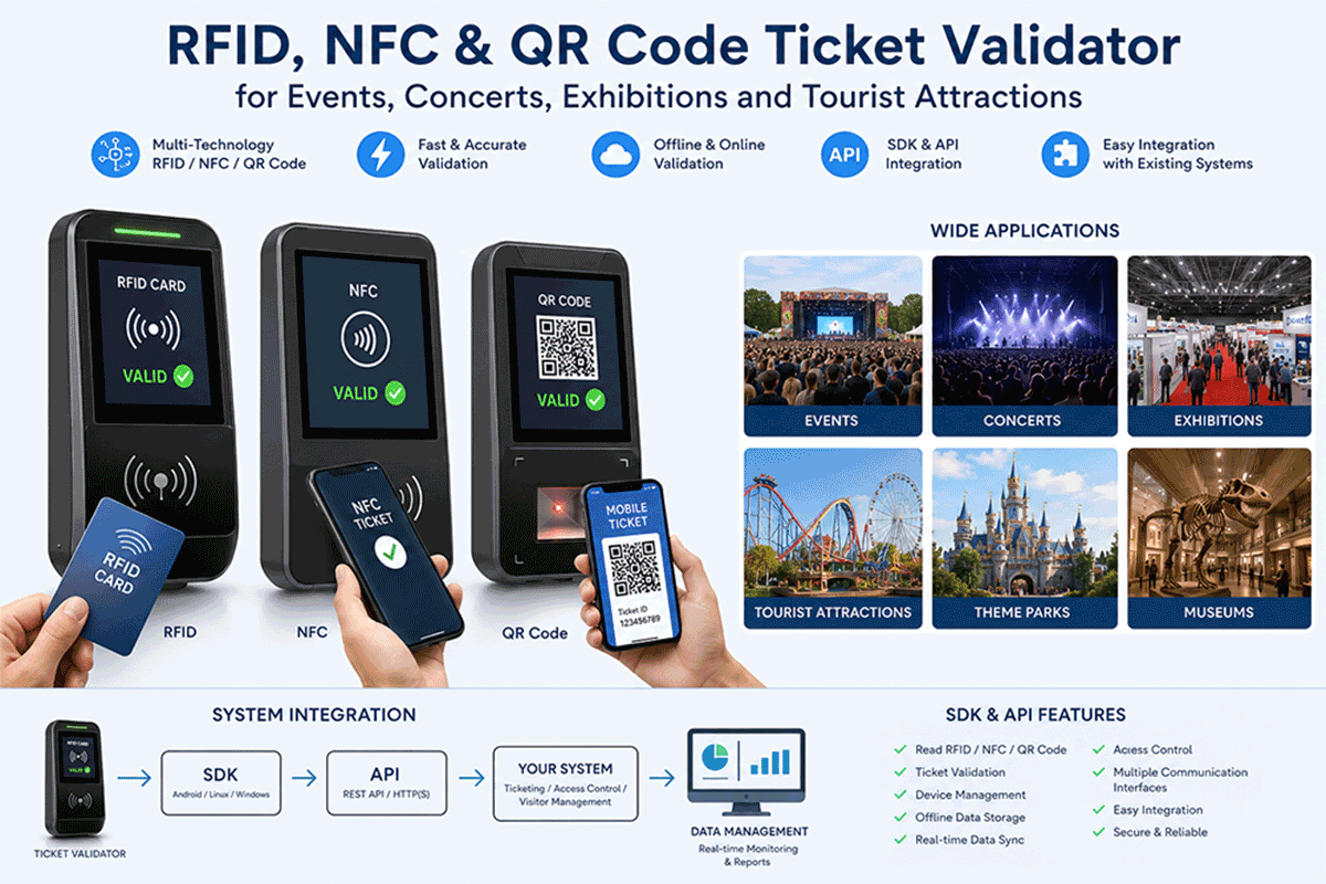 RFID, NFC & QR Code Ticket Validator for Events, Concerts, Exhibitions and Tourist Attractions,